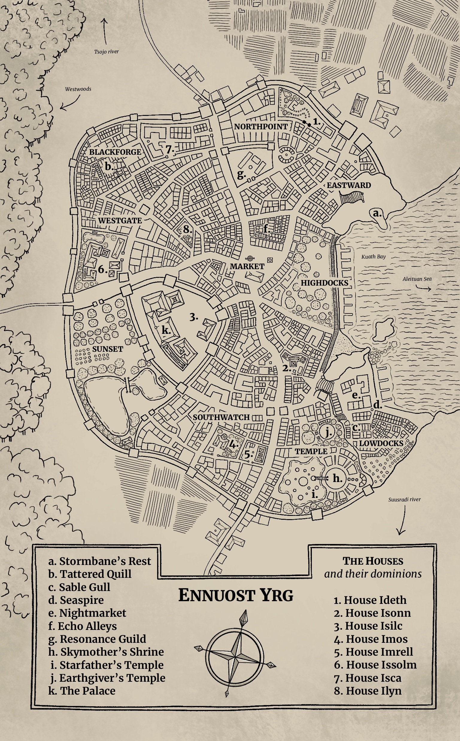 Map of the city of Ennuost Yrg from Petition (Resonance Crystal Legacy, #1) by Delilah Waan. Illustrated by Delilah Waan.