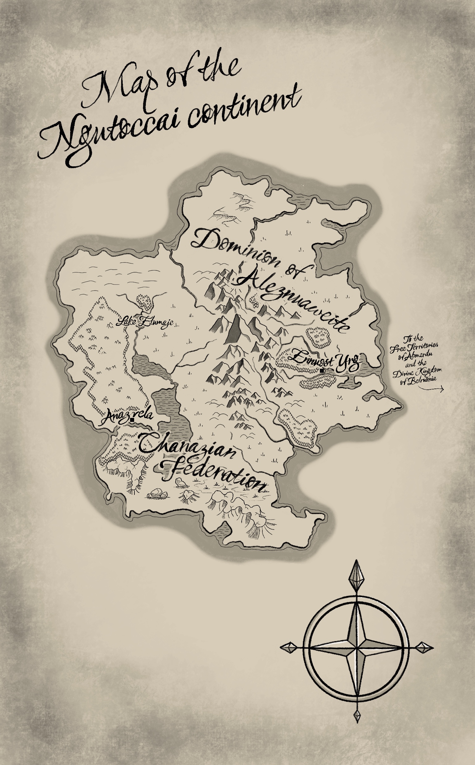 Map of the Ngutoccai continent from Petition (Resonance Crystal Legacy, #1) by Delilah Waan. Illustrated by Delilah Waan.