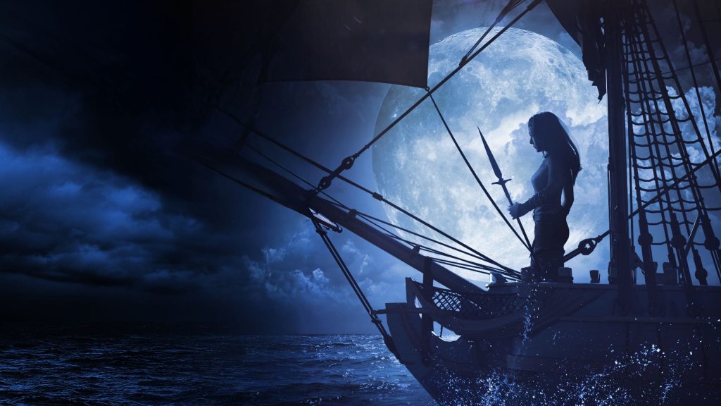 Supplicant retail cover art by Damonza. A profile view of a girl holding a spear standing at the bow of a ship, with a rising full moon behind her.