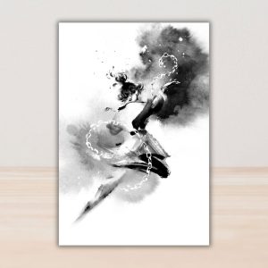 Mockup of A5 art print: black and white brushwork portrait of Nheras Ilyn by Rosemary Fung