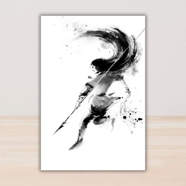 Mockup of A5 art print: black and white brushwork portrait of Rahelu by Rosemary Fung