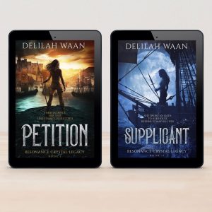 Two iPads showing the ebook covers of Petition and Supplicant