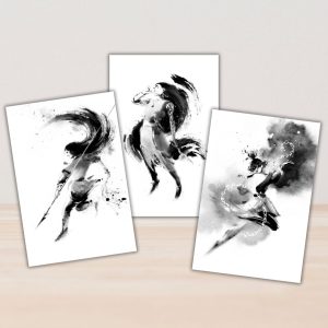 Set of three A5 black and white character art prints (Rahelu, Nheras, and Ylaen) by Rosemary Fung.