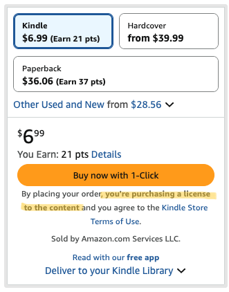 Screenshot of the buy box from the Amazon product page for ebooks, with the text "you're purchasing. a license to the content" highlighted.