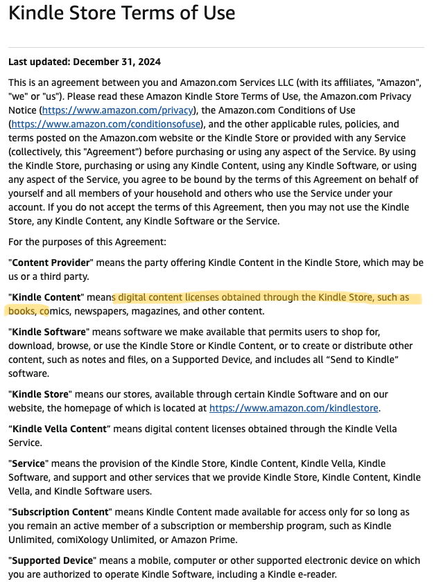Screenshot of the Amazon Kindle Store Terms of Use with the text "digital content licenses obtained through the Kindle Store, such as books" highlighted.